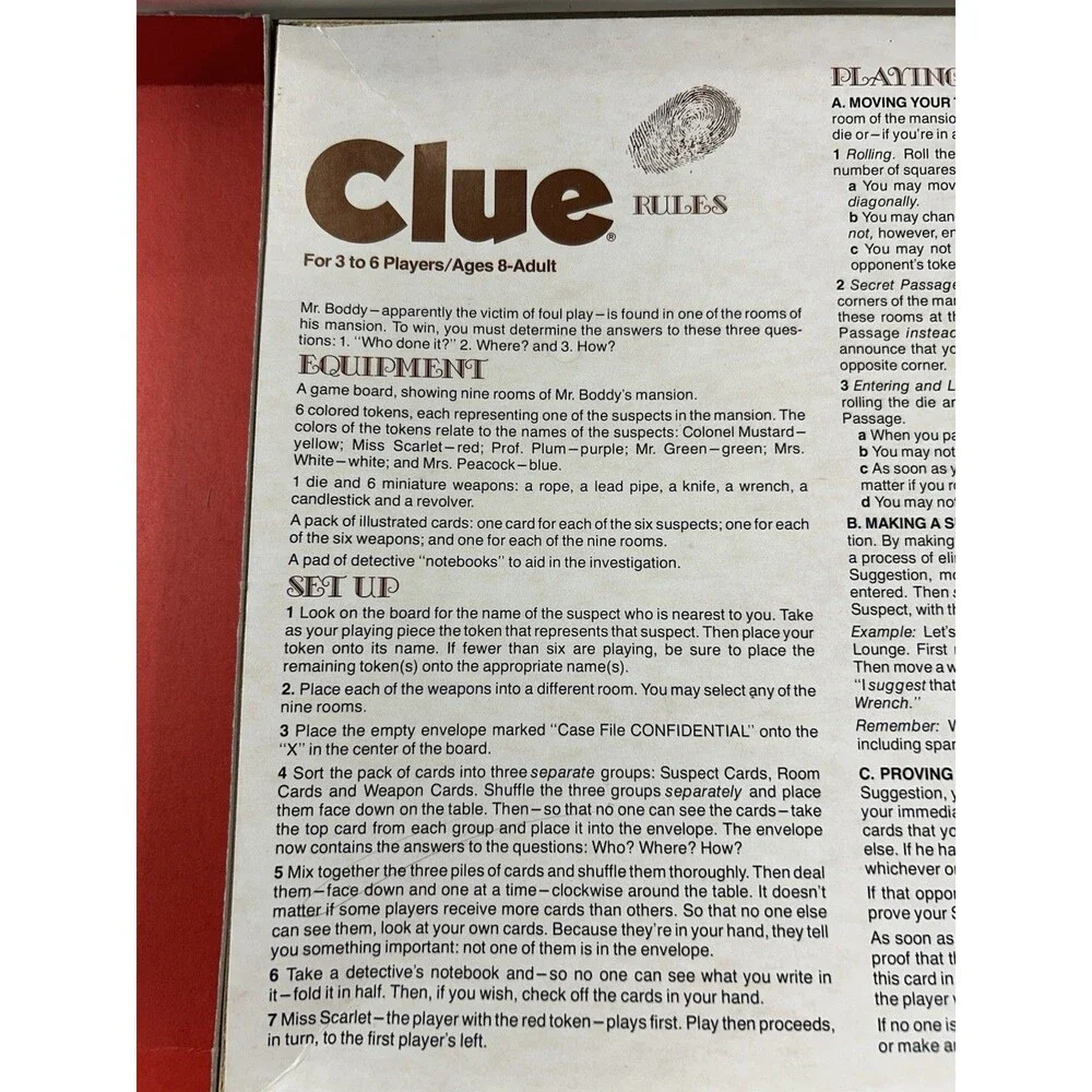 Vintage 1972 CLUE Mystery Detective Board Game Parker Brothers Complete Original